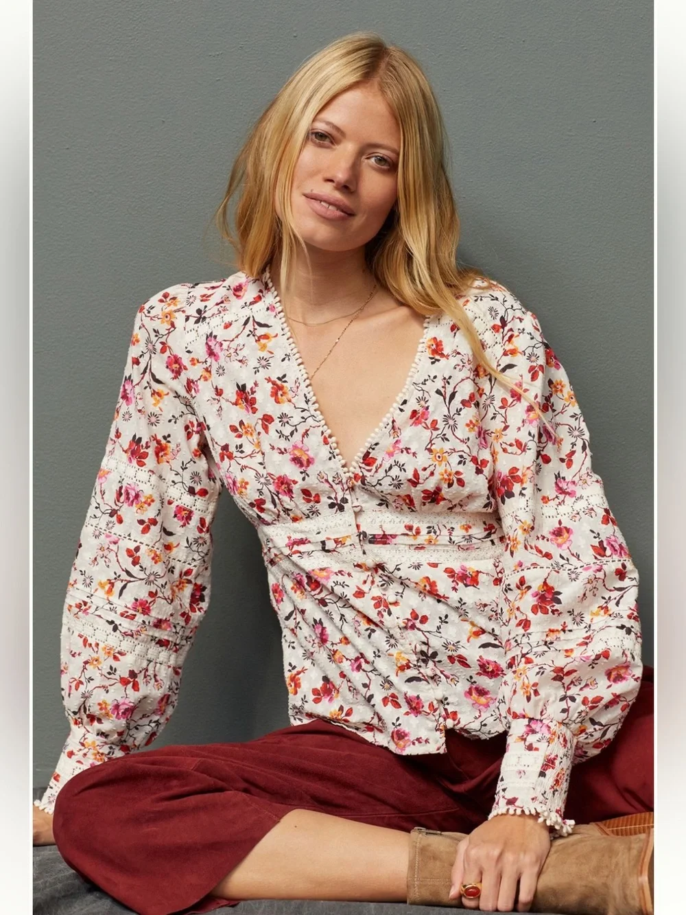 By Anthropologie Puff Sleeve Lace Floral Blouse in Size 2